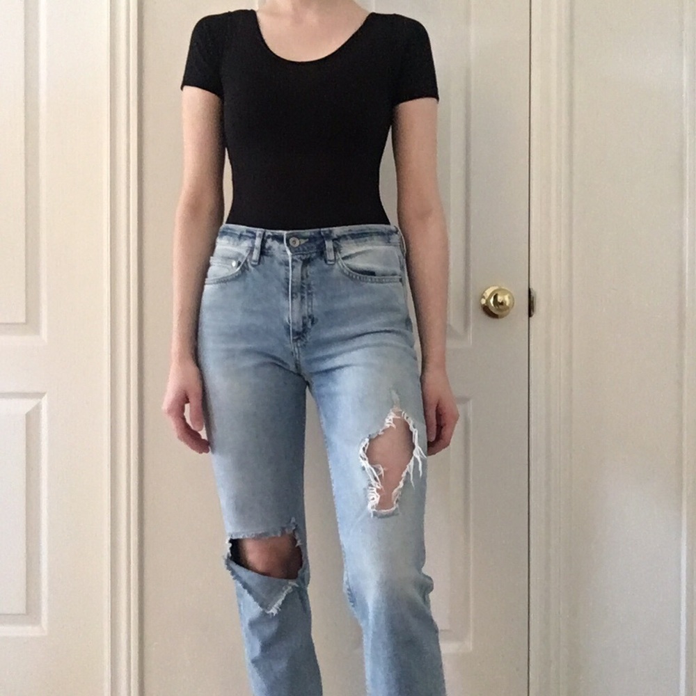 Distressed light wash mom jeans